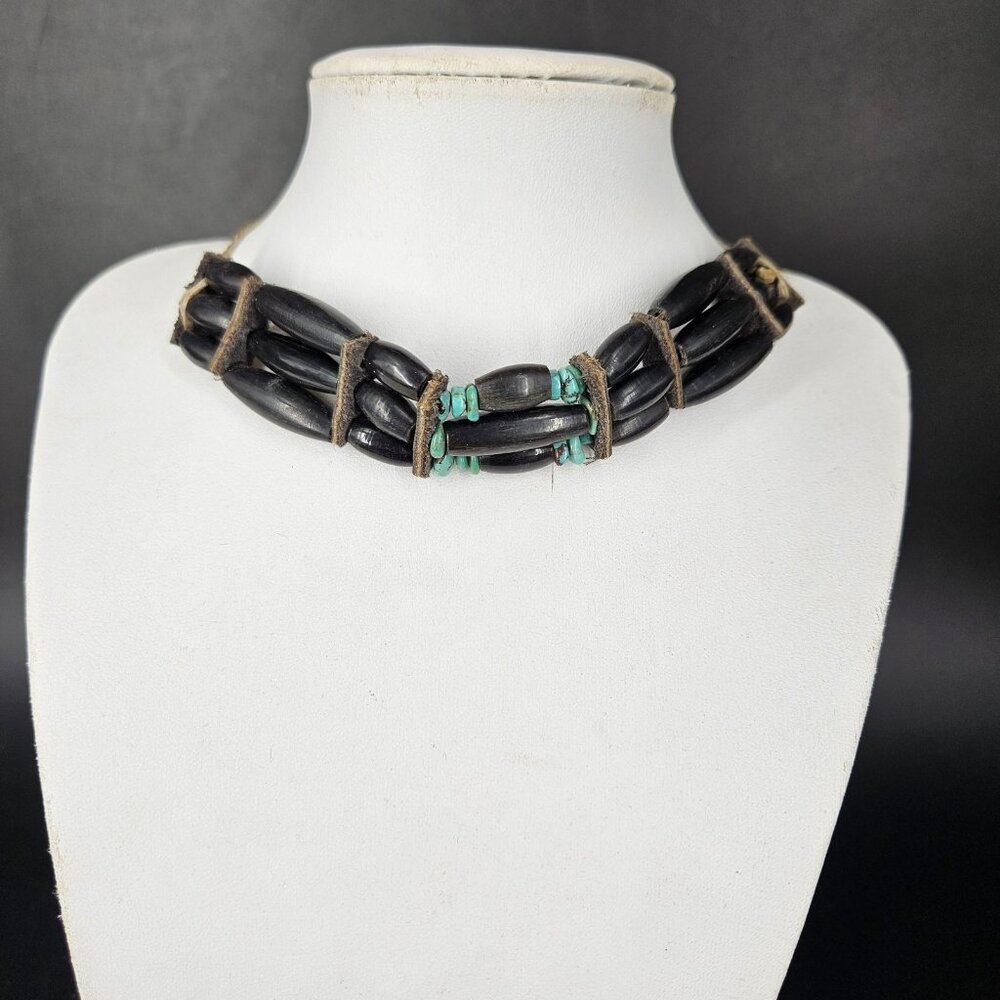 Turquoise Beaded Choker Necklace Womens Black Southwestern Leather Cord Boho - Picture 2 of 11